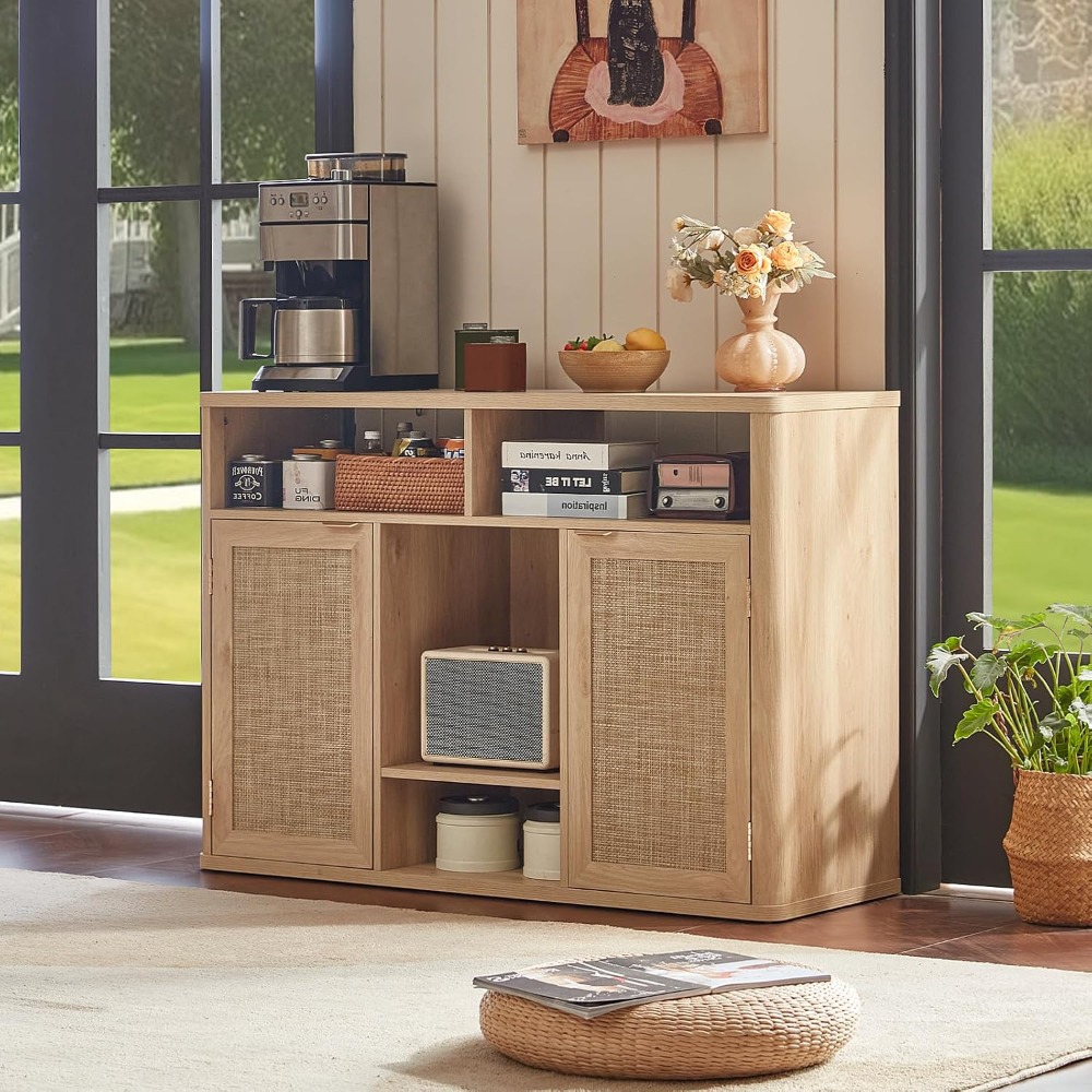 Home Bar And Cabinet - Rattan Wine Cabinet With 2 Doors,Boho