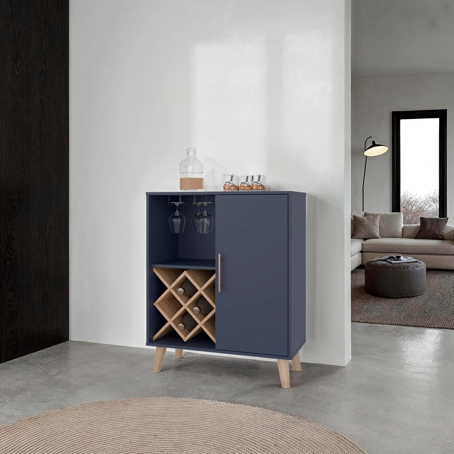 Home Bar And Cabinet - Oak Blue Bar Cabinet 4 Shelves
